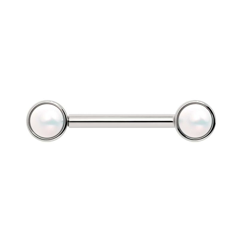 14K white gold Akoya pearl nipple barbell front view showing cool-toned bezel settings