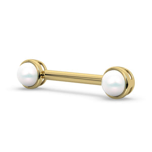 14K yellow gold Akoya pearl nipple barbell, angled view showing bezel-set pearl ends