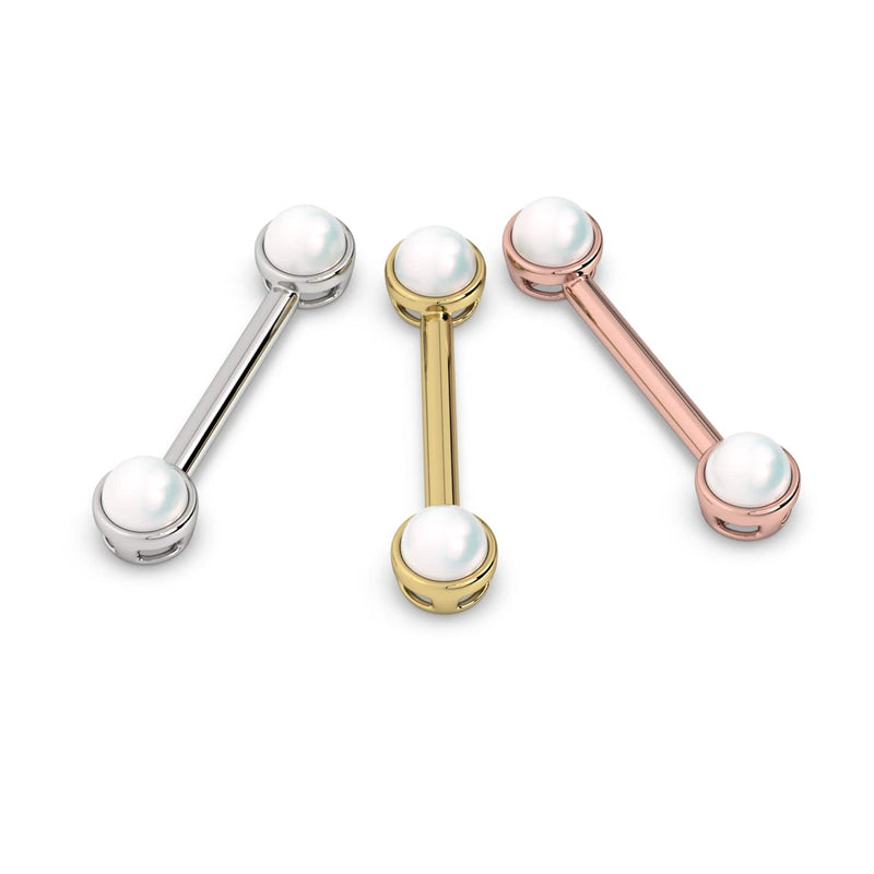 Akoya pearl nipple barbell in all three 14K gold options: white, yellow, and rose gold