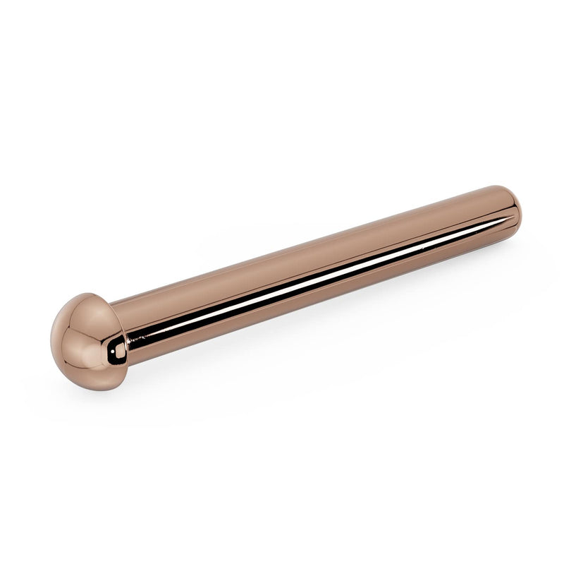 14k rose gold dome nose ring with straight pin-post backing, angled view of full post length