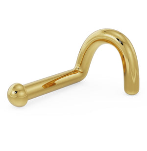 14k yellow gold dome nose ring with twist backing, angled view showing curl shape
