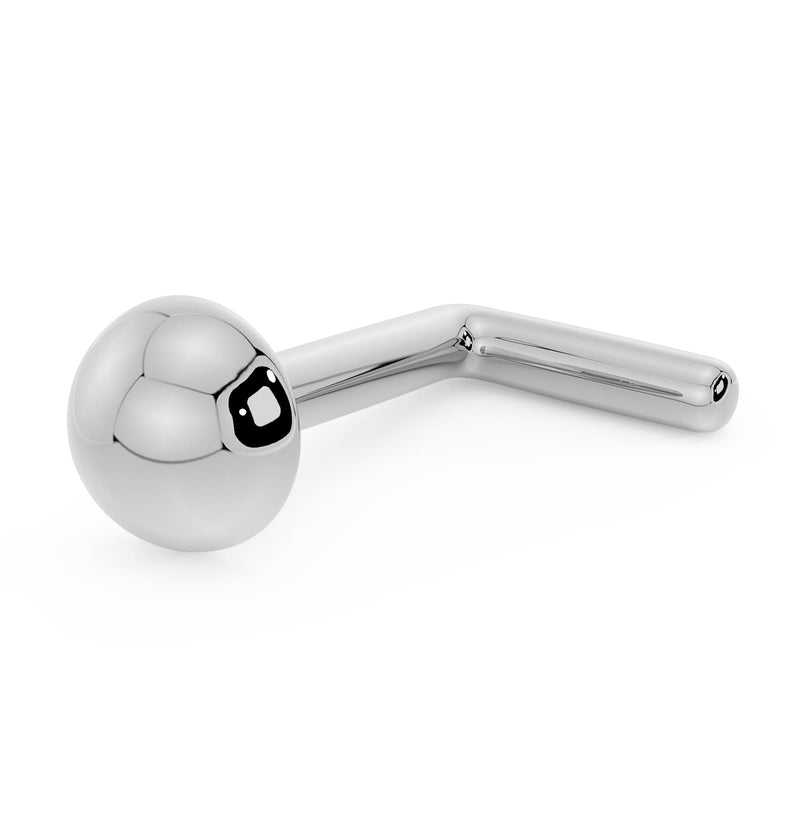 14K white gold 3mm dome nose ring with L-post backing, showing angled post detail