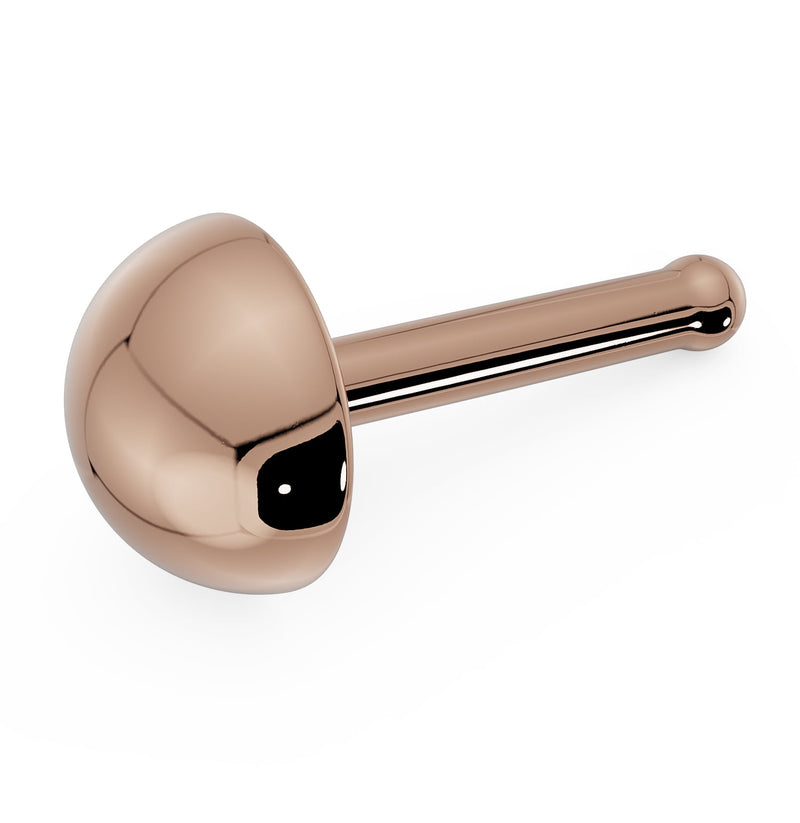 14k rose gold dome nose ring with bone backing, angled view of dome and straight post