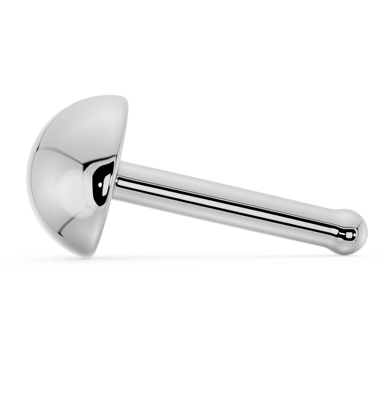 14k white gold dome nose ring with straight post backing, side profile showing post length