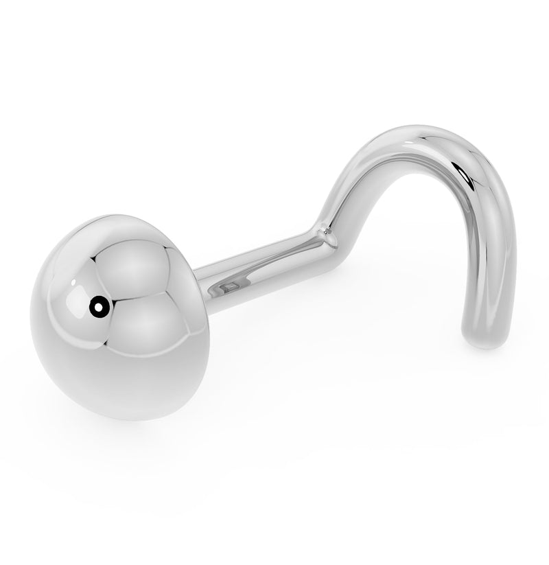 14k white gold dome nose ring with twist backing, side angle showing high-polish luster