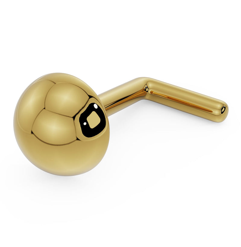 14k yellow gold 4mm dome nose ring with L-post backing, close-up angled view