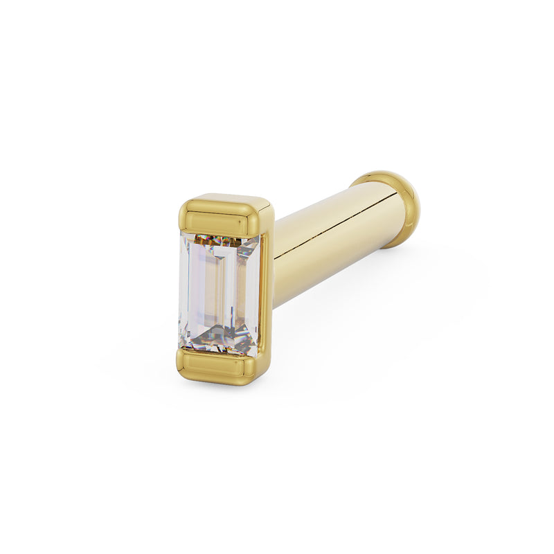 14K yellow gold baguette diamond nose bone style, angled view showing ball end and bezel-set diamond