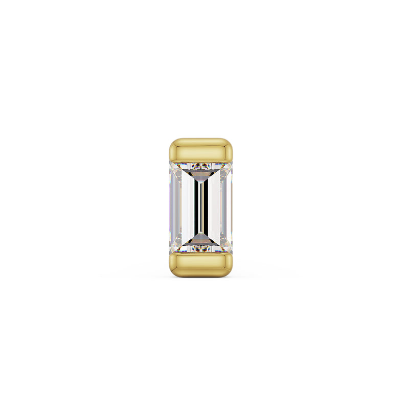 Close-up front view of 1.5mm baguette diamond in 14K yellow gold bezel setting, VS1 step-cut detail