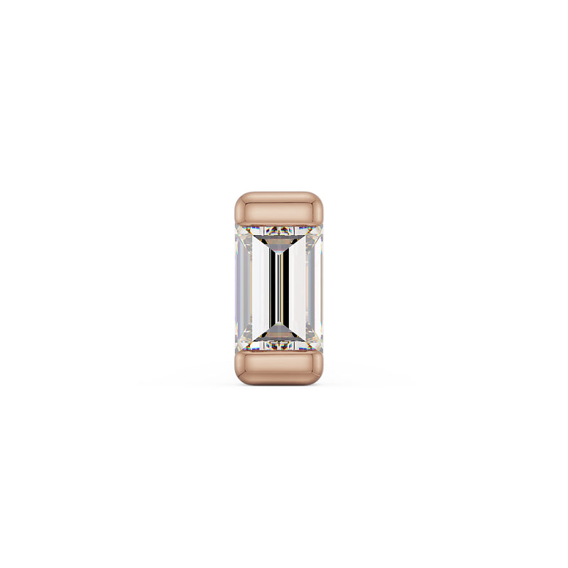 Close-up front view of 1.5mm baguette diamond in 14K rose gold bezel setting, step-cut VS1 clarity