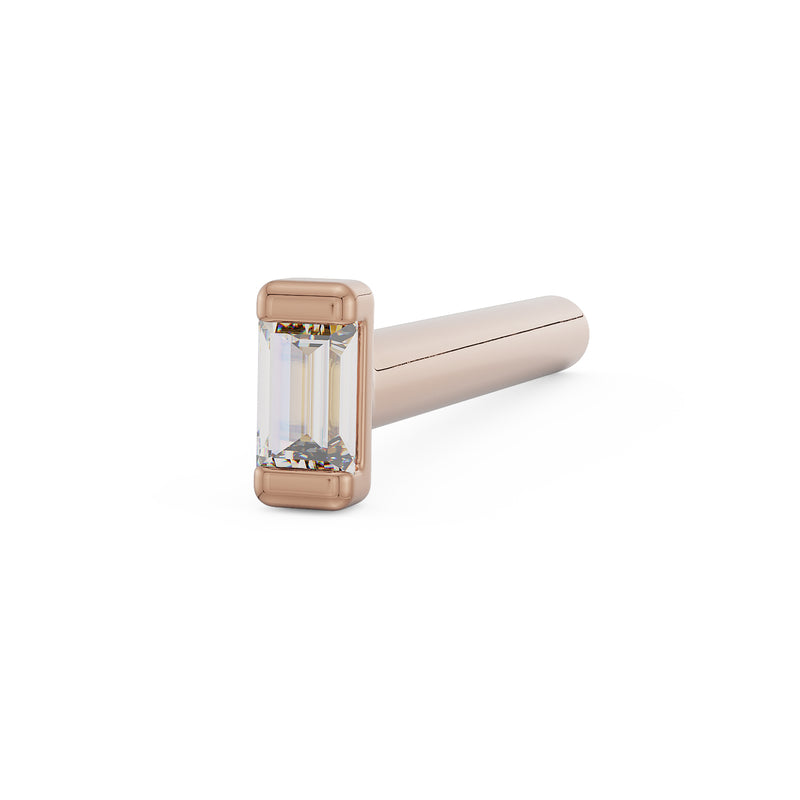 14K rose gold baguette diamond straight post nose ring, angled view showing diamond setting and cylindrical post