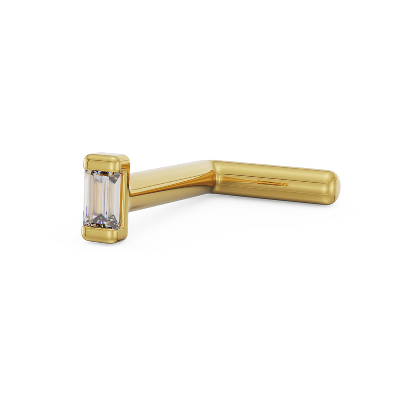 14K yellow gold baguette diamond L post nose ring, angled side view showing diamond and post angle