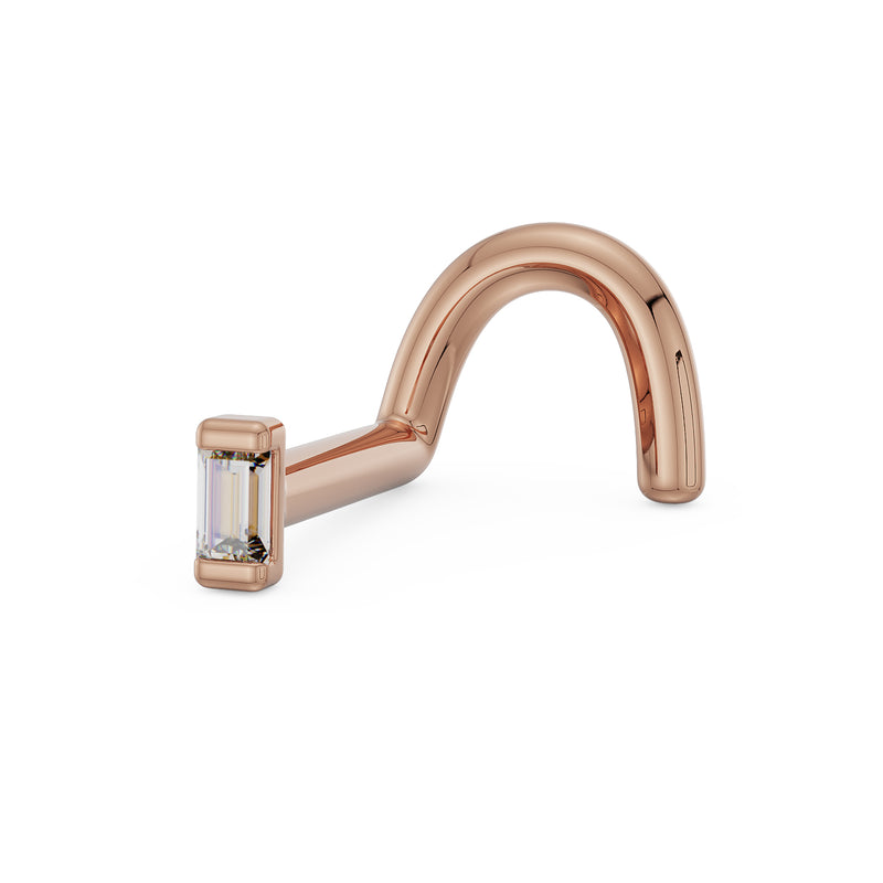 14K rose gold baguette diamond nose ring twist style, angled view showing curved post and bezel-set diamond