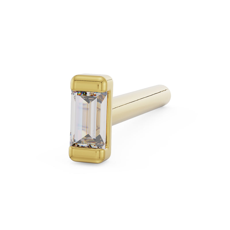 14k yellow gold baguette diamond nose bone stud, angled view showing step-cut diamond detail