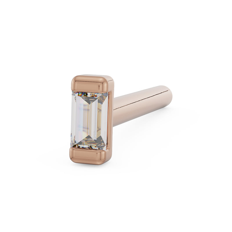 14k rose gold baguette diamond nose bone stud, angled view highlighting warm rose tone setting