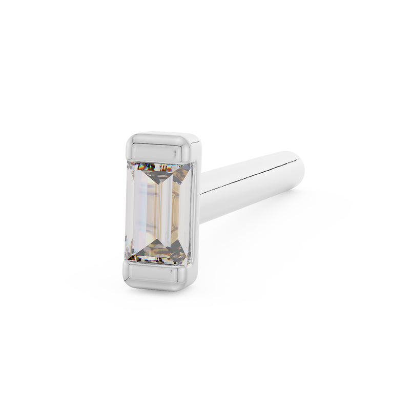14k white gold baguette diamond nose bone stud, angled view highlighting the step-cut diamond