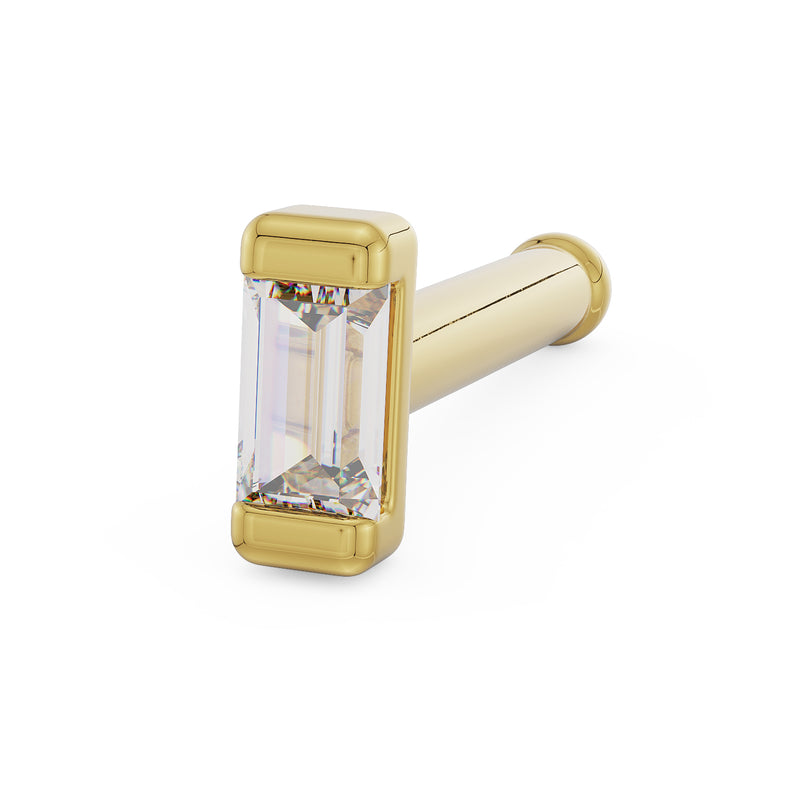 14k yellow gold baguette diamond nose stud with labret post, angled side view