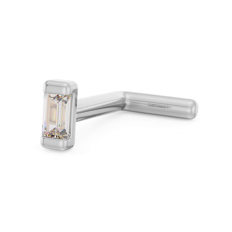 14k white gold baguette diamond nose ring L-post style, side angle showing bent post shape