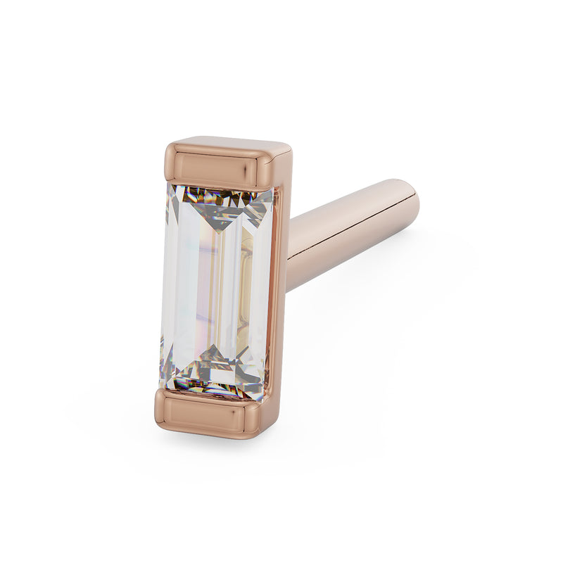 14K rose gold baguette diamond nose stud bone style, angled view of bezel-set diamond with straight post