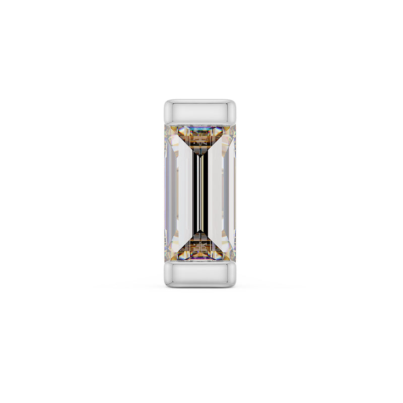 Close-up front view of 3mm baguette diamond in 14K white gold bar setting, showcasing step-cut facets