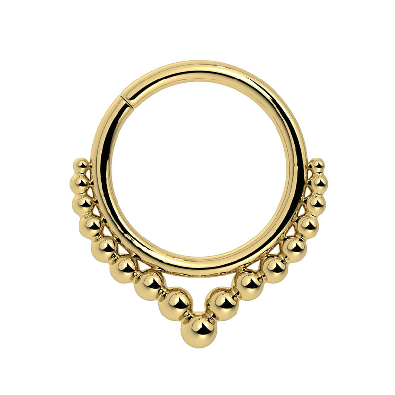 14k yellow gold Bali seam ring with beaded double-row detail and center drop bead, front view