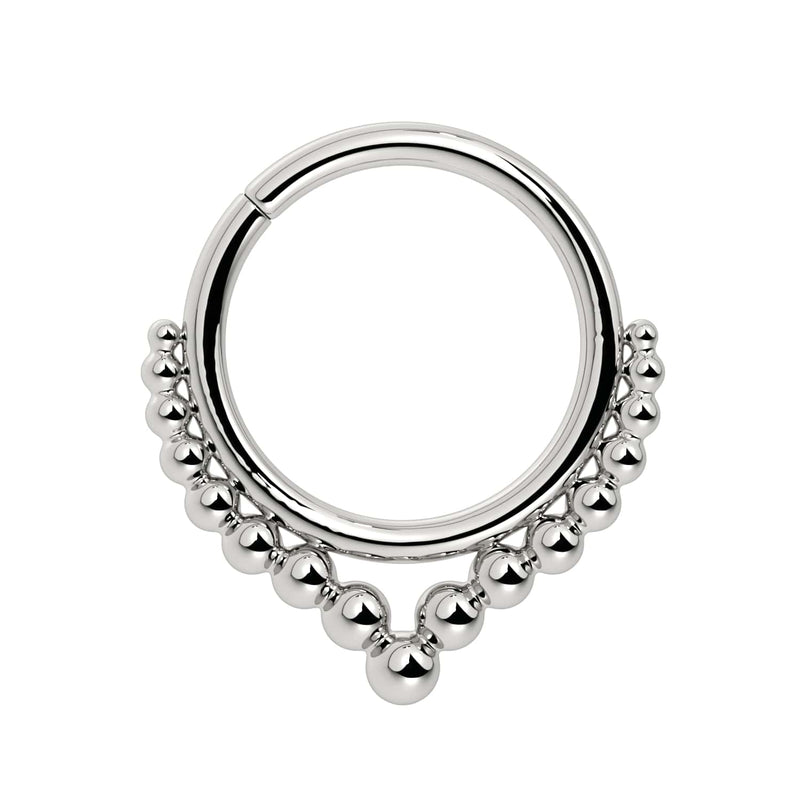 14k white gold Bali seam ring with beaded double-row design and center drop bead, front view