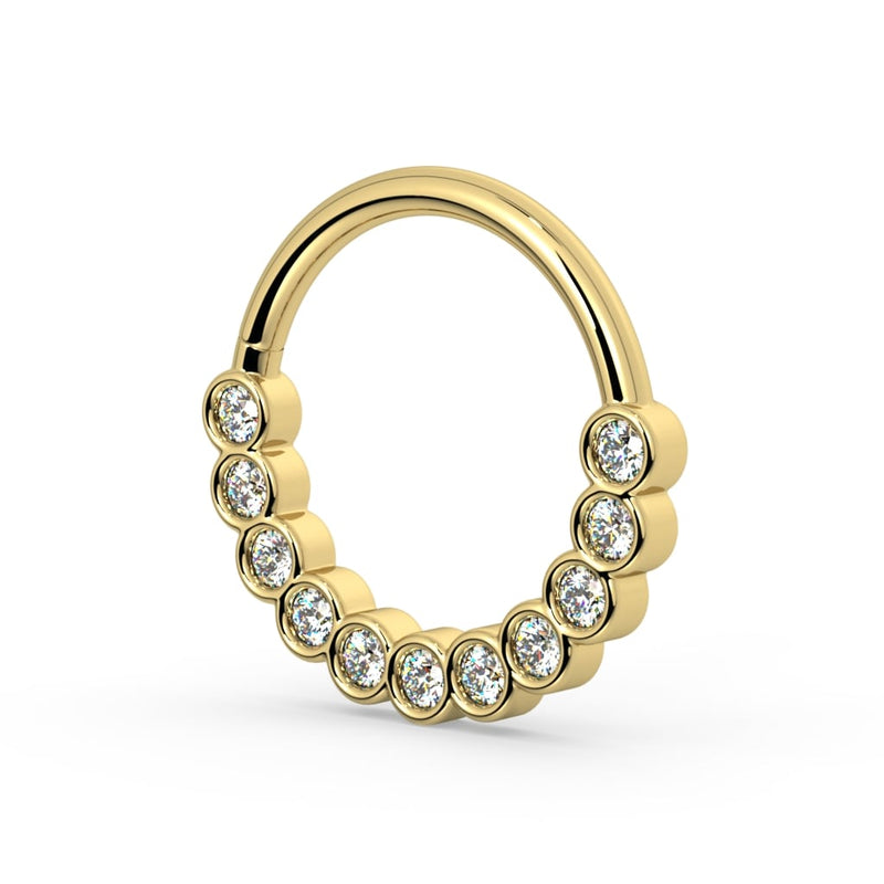 Side profile of 14k yellow gold bubbles seam ring showing rounded bezel depth and stone sparkle