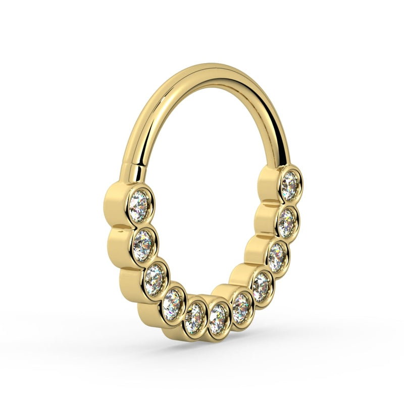 14k yellow gold bubbles seam ring, angled view from opposite side showing CZ bezel continuity