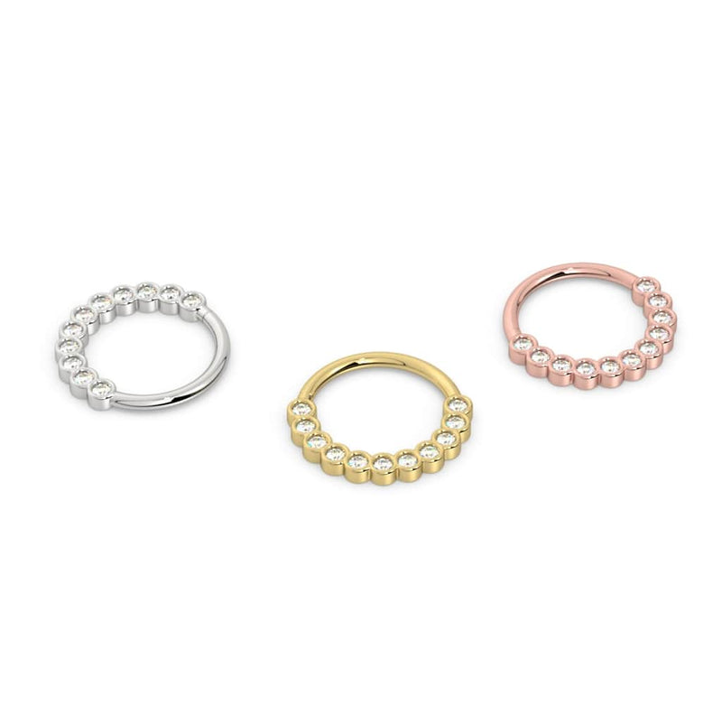 Bubbles front-facing seam ring in all three metal options: white gold, yellow gold, and rose gold