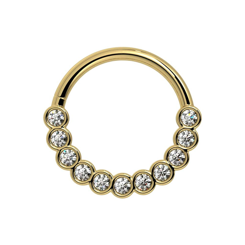 14k yellow gold CZ bubbles seam ring, flat front view showing full bezel stone arrangement