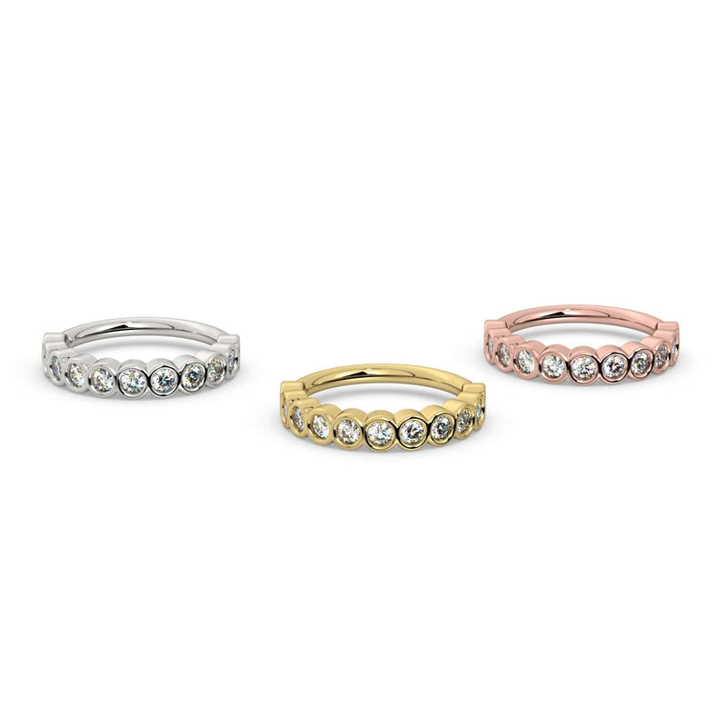 Bubbles seam ring shown in all three metal colors: 14k white, yellow, and rose gold side by side