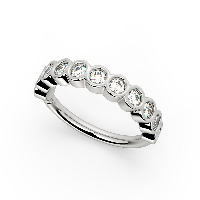 14k white gold bubbles seam ring with CZ stones in bubble bezels, top-down angled view