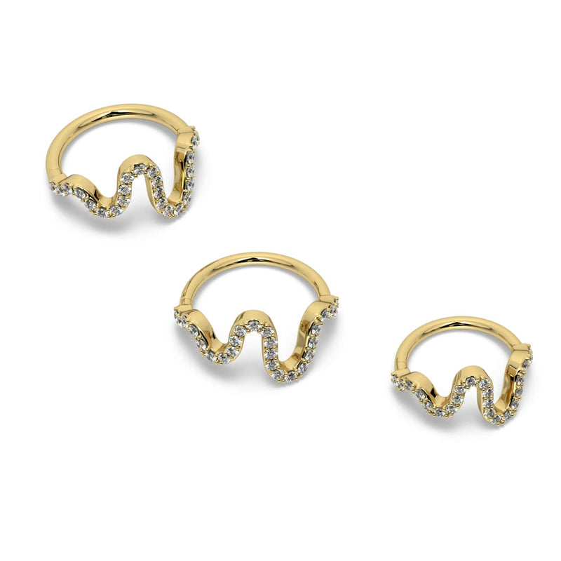 14k yellow gold Cosmo CZ seam ring shown in three size variations, top-down comparison view