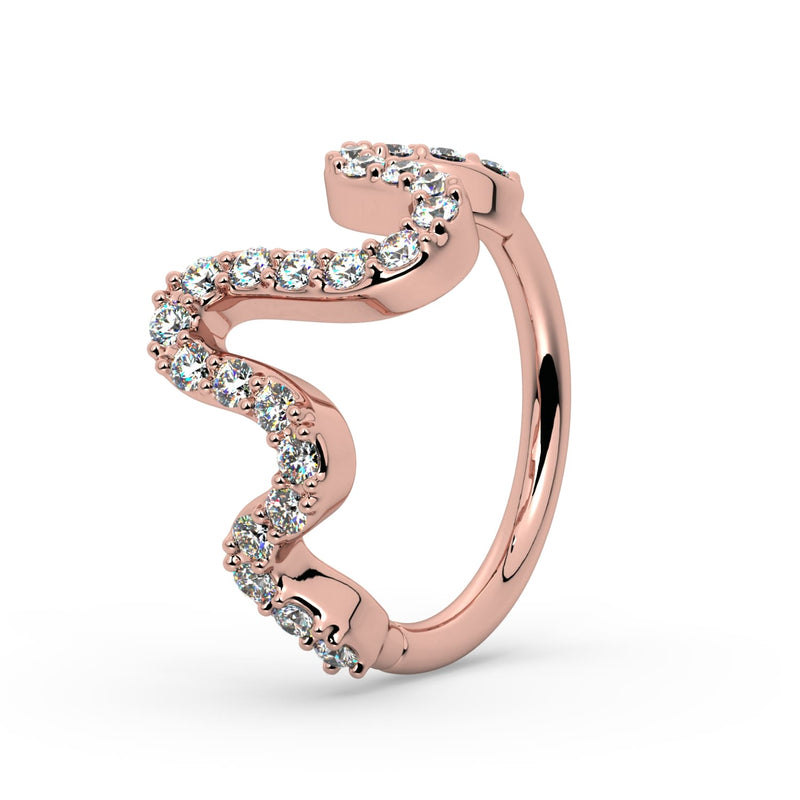 14k rose gold Cosmo seam ring with CZ wave design, angled side view showing prong-set stones