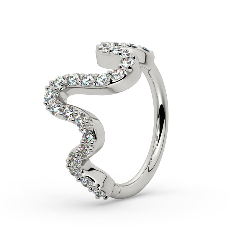 14k white gold Cosmo seam ring with CZ wave design, angled side view highlighting stone sparkle