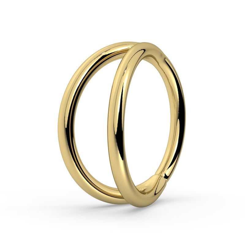 14k yellow gold double split seam ring, straight-on front view of double hoop structure