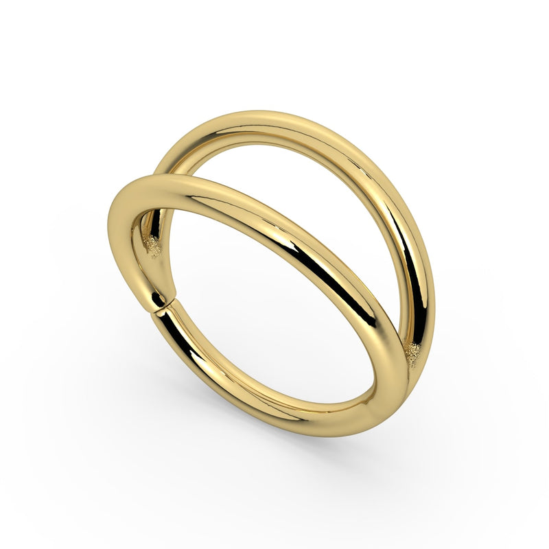 14k yellow gold double split seam ring, angled front view showing dual-band design