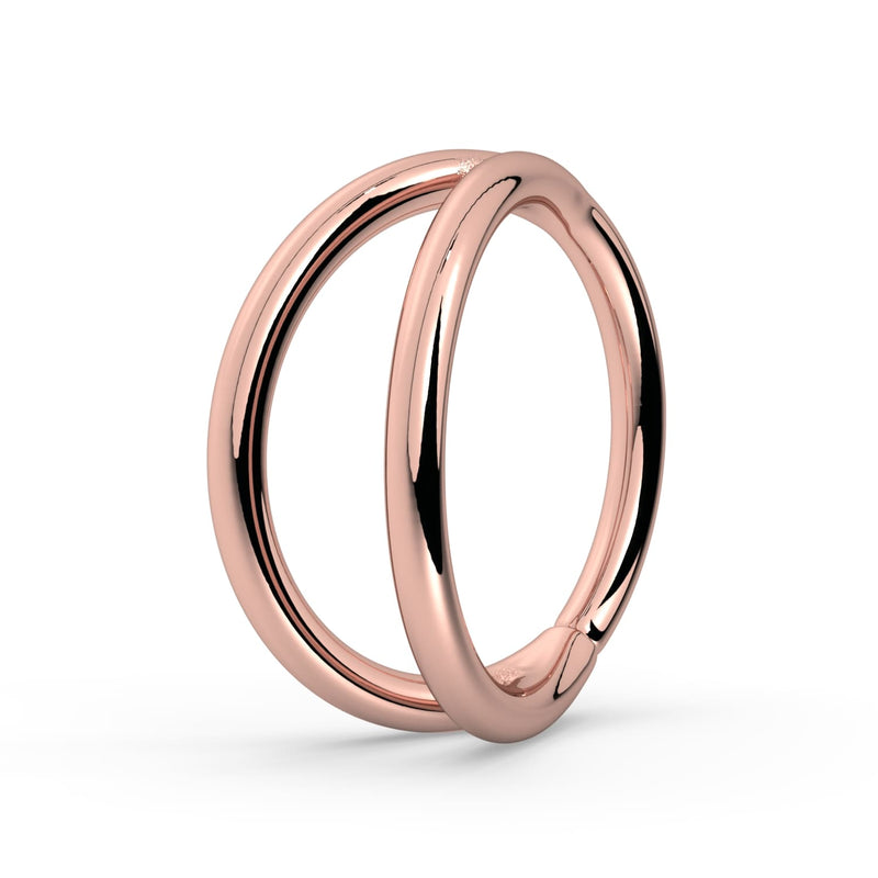 14k rose gold double split seam ring, front view showing polished dual-band silhouette