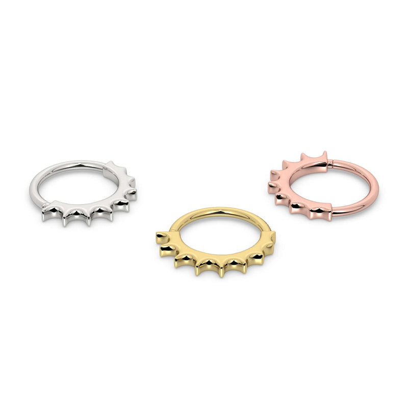 Hades seam ring in all three 14k gold colors: white gold, yellow gold, and rose gold side by side