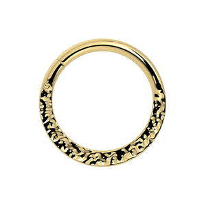 14k yellow gold hammered seam ring, front view showing textured half and smooth seam closure