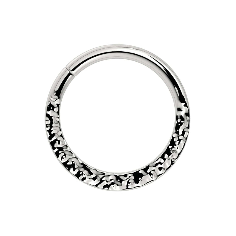 14k white gold hammered seam ring, front view with artisan textured lower half and smooth seam