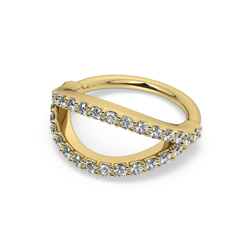 14k yellow gold pavé diamond double split seam ring, angled front view showing double band design