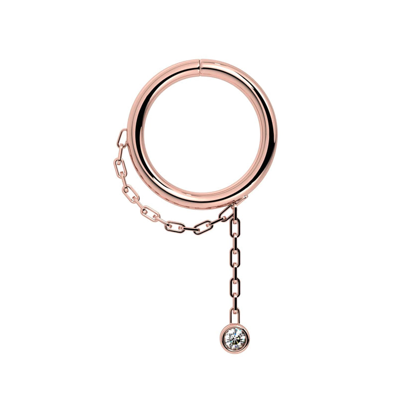 14k rose gold dangle seam ring with bezel-set CZ on paperclip chain, front view