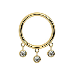 14k yellow gold triple bezel dangle seam ring with three CZ charms, front view