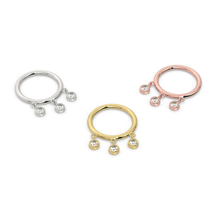 Triple bezel dangle seam ring shown in all three metal colors: white gold, yellow gold, and rose gold
