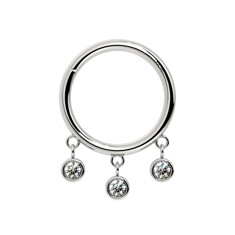 14k white gold triple bezel dangle seam ring with three bezel-set CZ charms, front view
