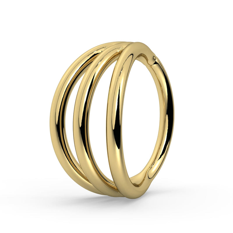 14k yellow gold triple split seam ring showing three parallel bands, angled side view