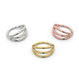Triple split seam ring in all three metal options: 14k white gold, yellow gold, and rose gold