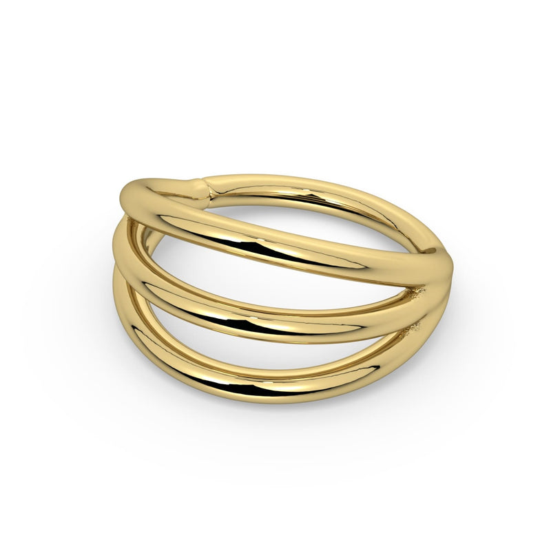 14k yellow gold triple split seam ring, top-down view highlighting three-band seamless design