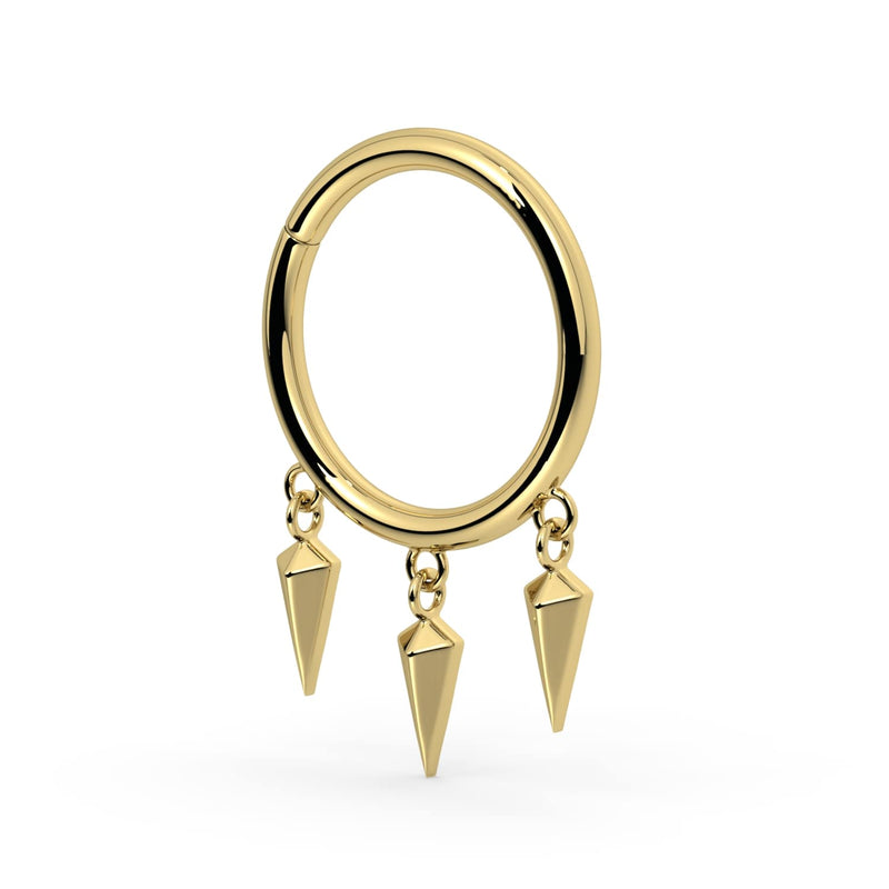 Angled side view of 14k yellow gold triple spike dangle seam ring showing ring depth and spike length