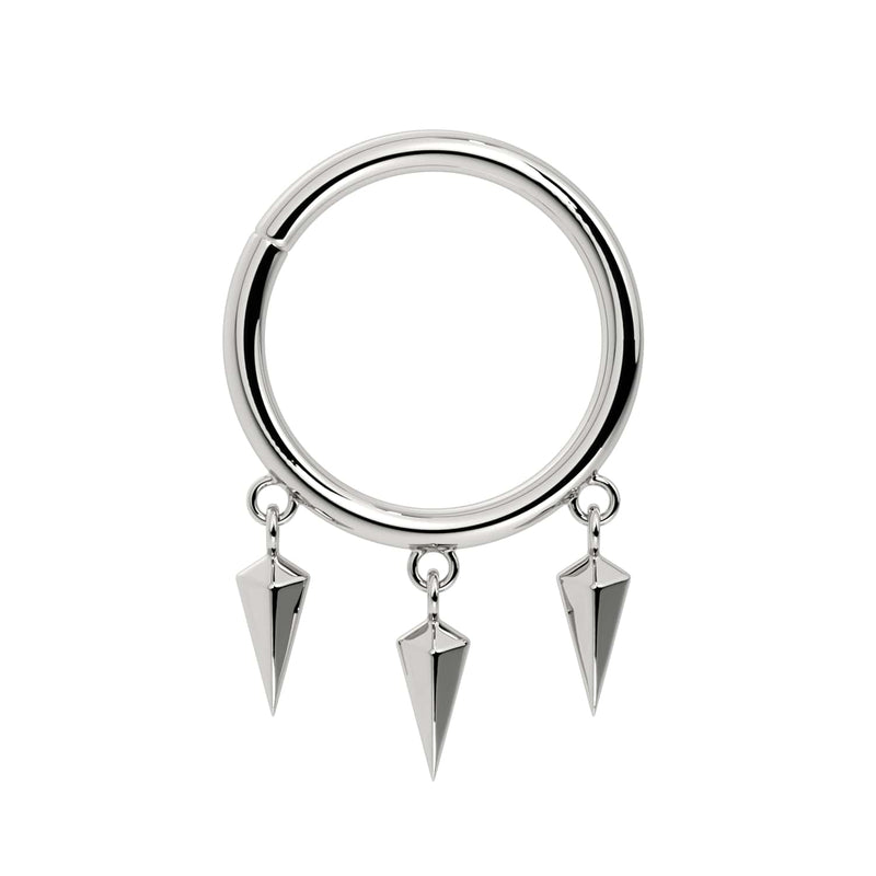 14k white gold triple spike dangle seam ring, front view with three dangling pyramid spikes